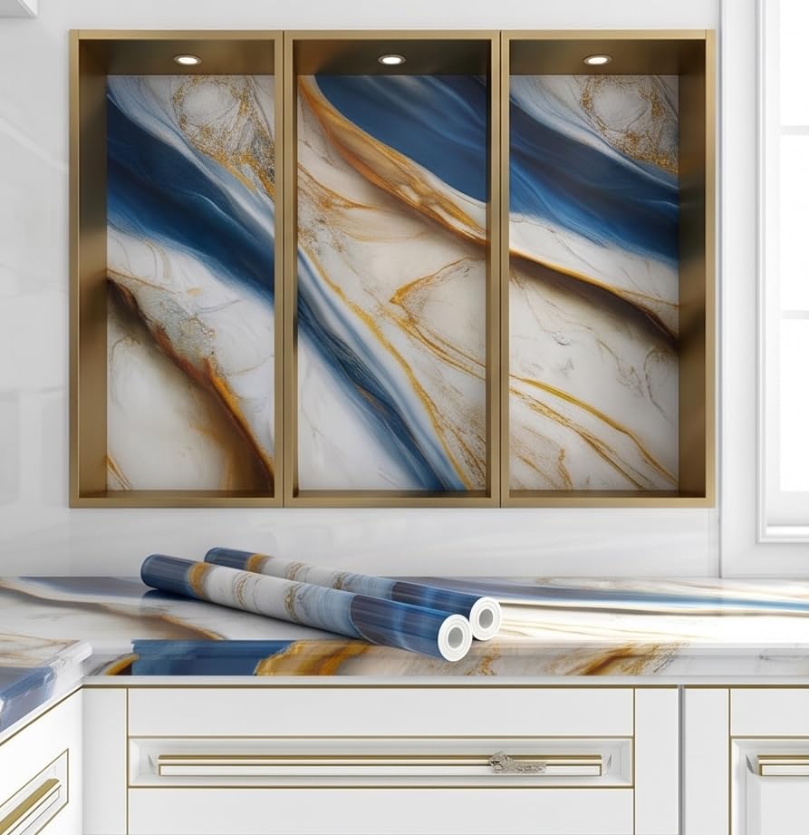Image of VOOY Self-Adhesive Kitchen Wallpaper, PVC 3D Wall Sticker Oil Proof & Waterproof, Kitchen Backsplash Stickers, Navy Blue and Golden Marble Pattern (60cm x 200cm) (Pack of 2) (TS-78)