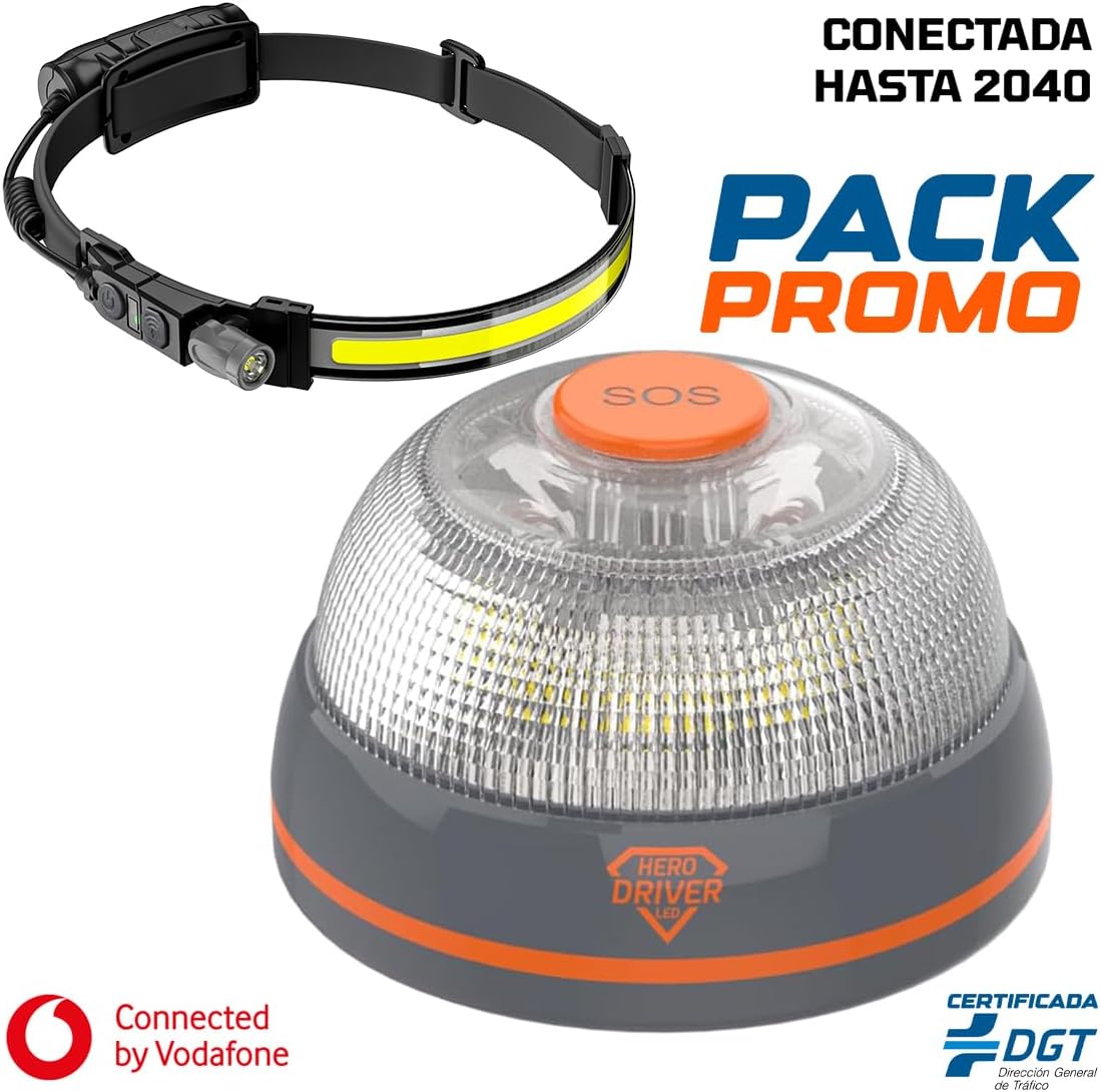 Hero Driver LED Pack Baliza V16 Conectada Certificada DGT + Lmpara Frontal LED Recargable USB-C Seguridad Vial 2026