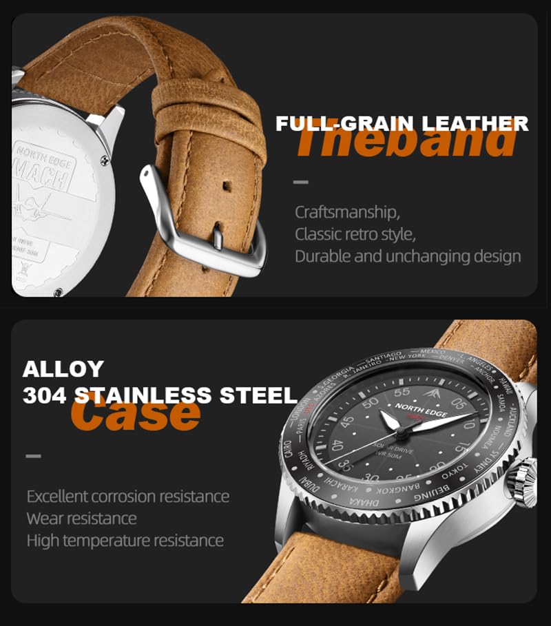 Image of NORTH EDGE Men's Military Solar Powered Drive Pilot Analog Watch : MACH, Brown Strap