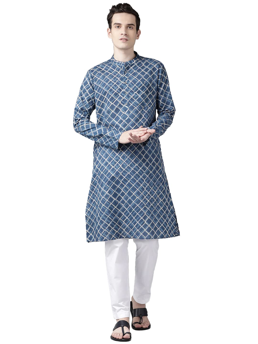 See Designs Blue Cotton Regular Fit Printed Kurta Mandarin Collar Two Pockets_Sdkt983Xxl
