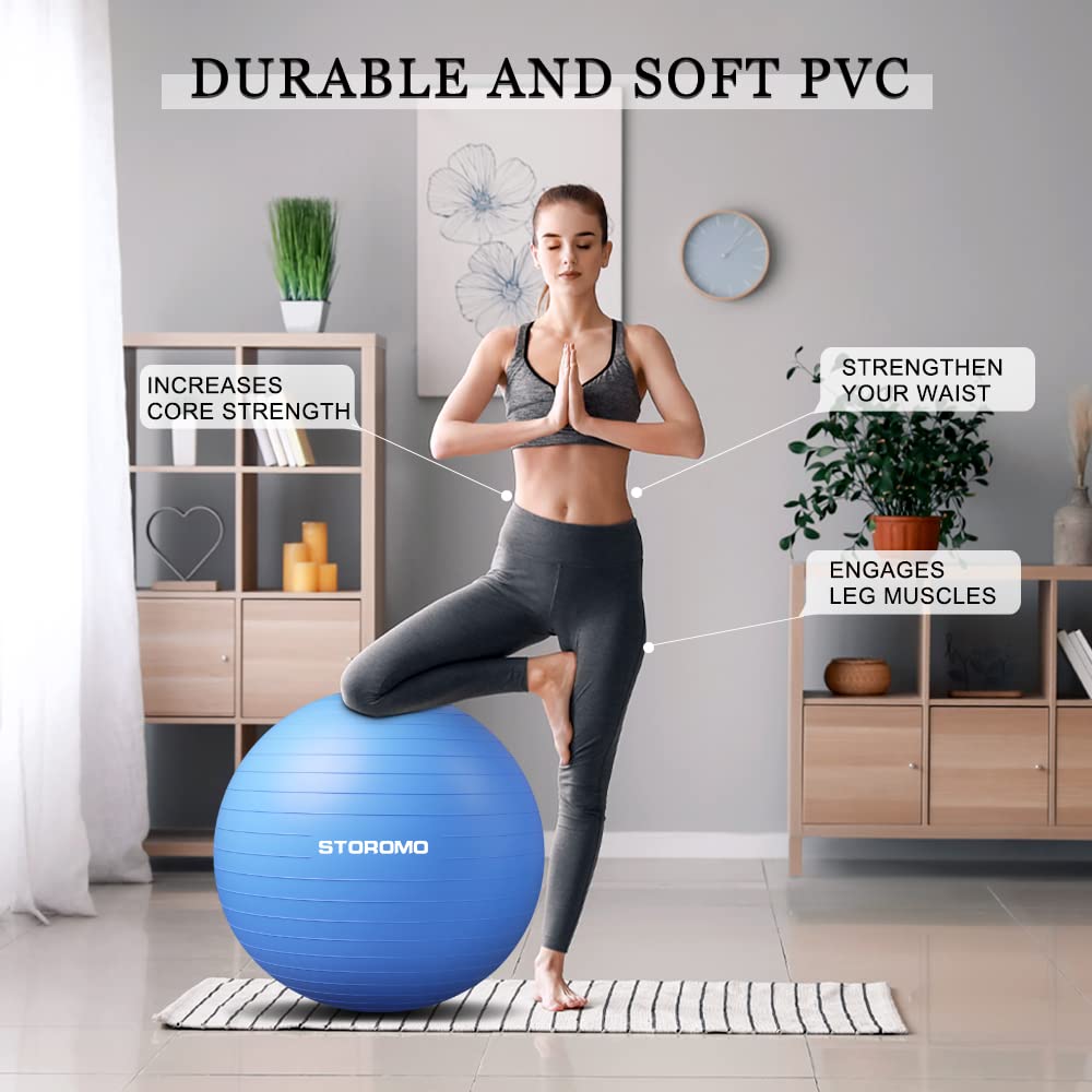 STOROMO Gym Exercise Anti Burst Exercise Ball with Foot Pump for Workout Yoga Ball for Women and Men Swiss for Balance Stability Training, Birthing Ball for Pregnancy, Fitness (65cm) (Blue) 2