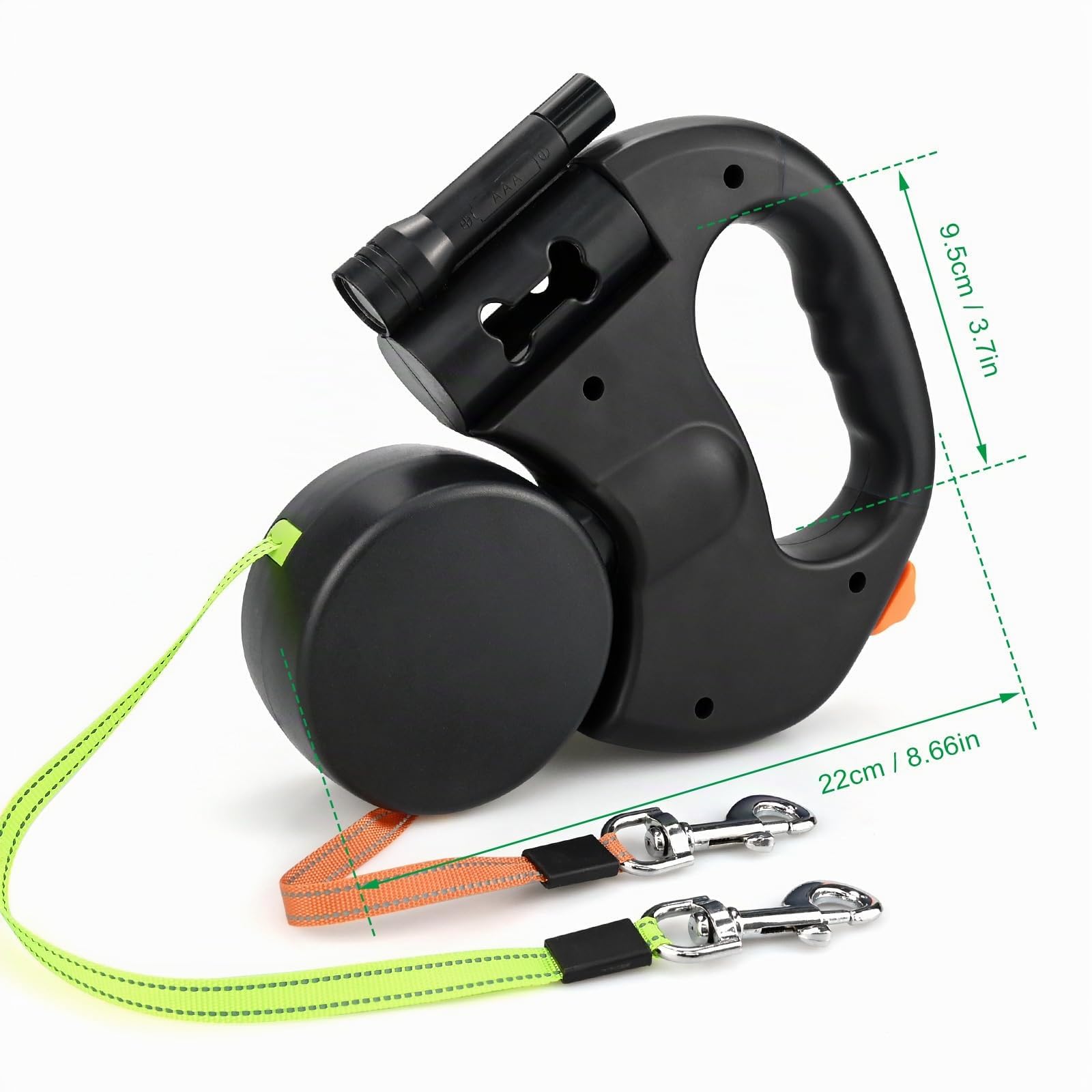 Correa doble para 2 perros - Correa automática para 2 perros, extensión de correa sin enredos de 360°, mango antideslizante, resistente. Incluye iluminación, cubos de basura y bolsas de basura