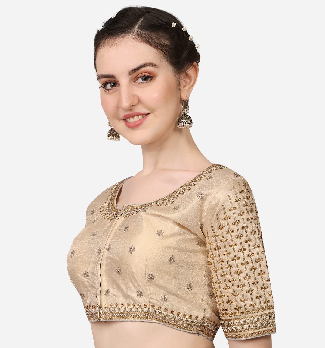 Pujia Mills Women's Cobra Silk Embroidery Coding Stone Work Half Sleeve Saree Blouse