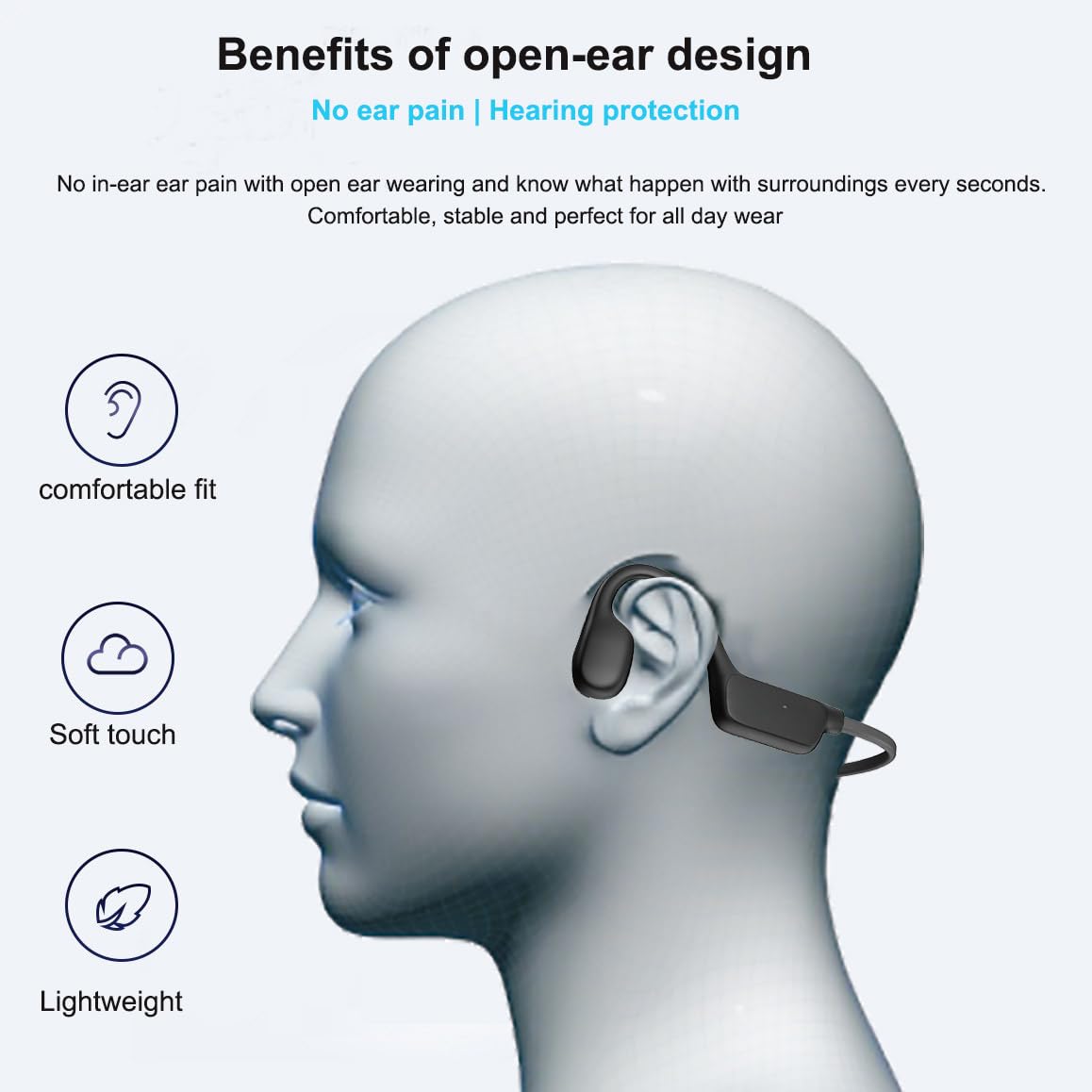 Auriculares auditivos de conducción ósea, auriculares Bluetooth de oreja abierta con colector de sonido para conversaciones, 15 horas de tiempo de trabajo para uso diario