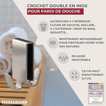 Fackelmann Double Hook for Glaswall Shower, Silver, 4.5 x 1.5-Inch