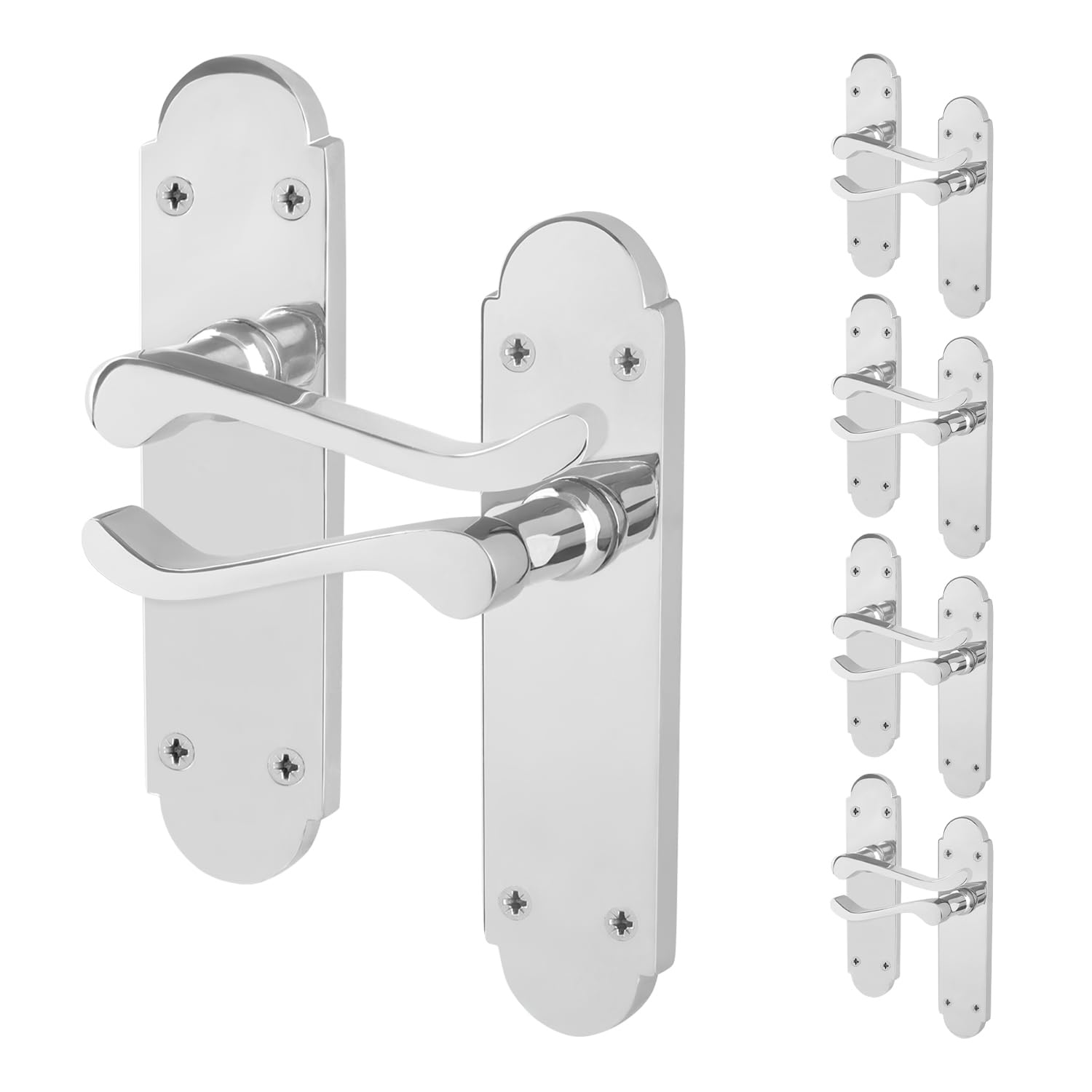 EAI Polished Chrome Door Handles, 5 Pairs on Backplate - Victorian Scroll