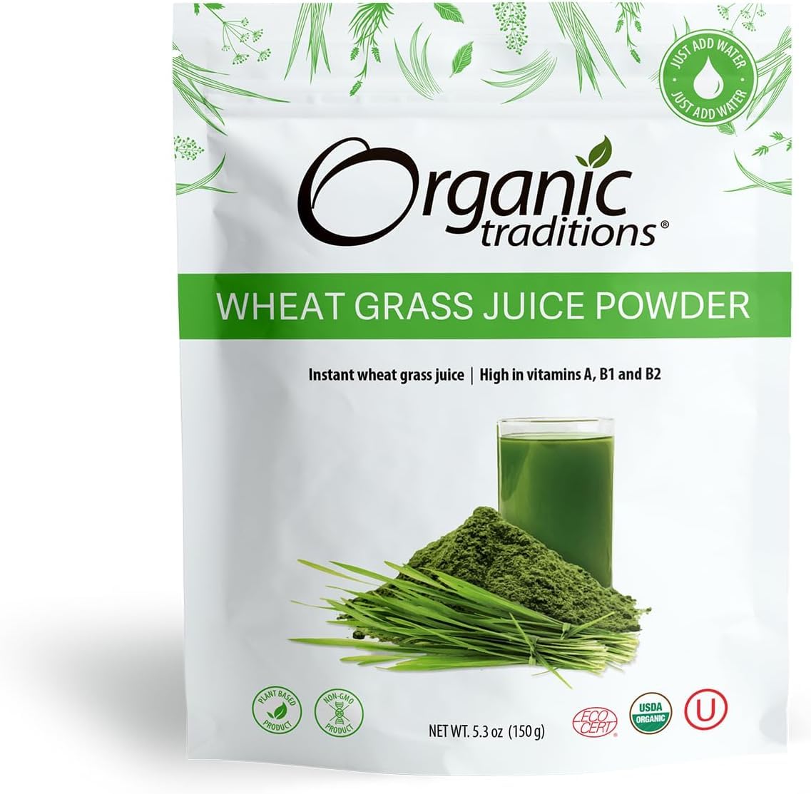 Organic TraditionsOrganic Wheat Grass Powder, Gluten Free Wheat Grass, Vegan Non-GMO Organic Wheatgrass Juice Powder Superfood, 5.3oz (150g) Bag, 18 Servings per Bag