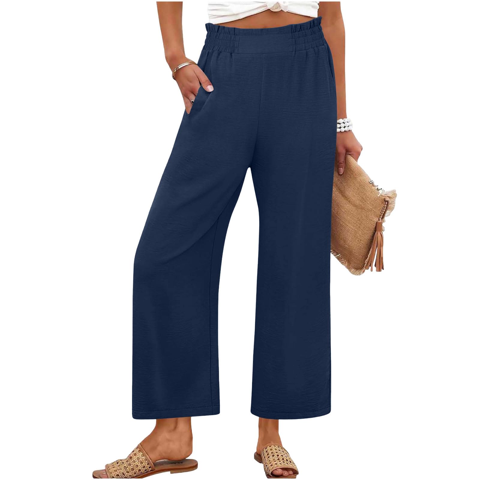 Womens Pants Wide Leg High Waisted Flowy Palazzo Pant Summer Flowy Beach Vacation Lounge Casual Trousers with Pockets
