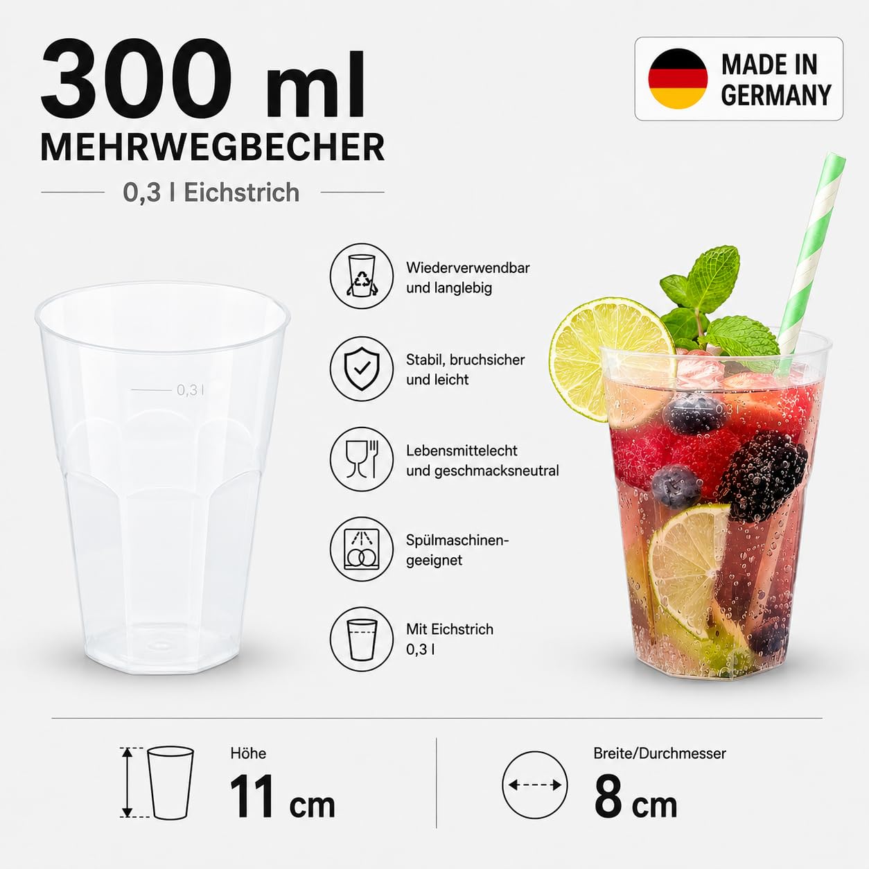 450 Cocktailbecher 300ml Made in Germany | wiederverwendbare Getränkebecher mit Eichstrich | bruchsicher | spülmaschinenfest | transparente Trinkbecher 0,3l | Partybecher