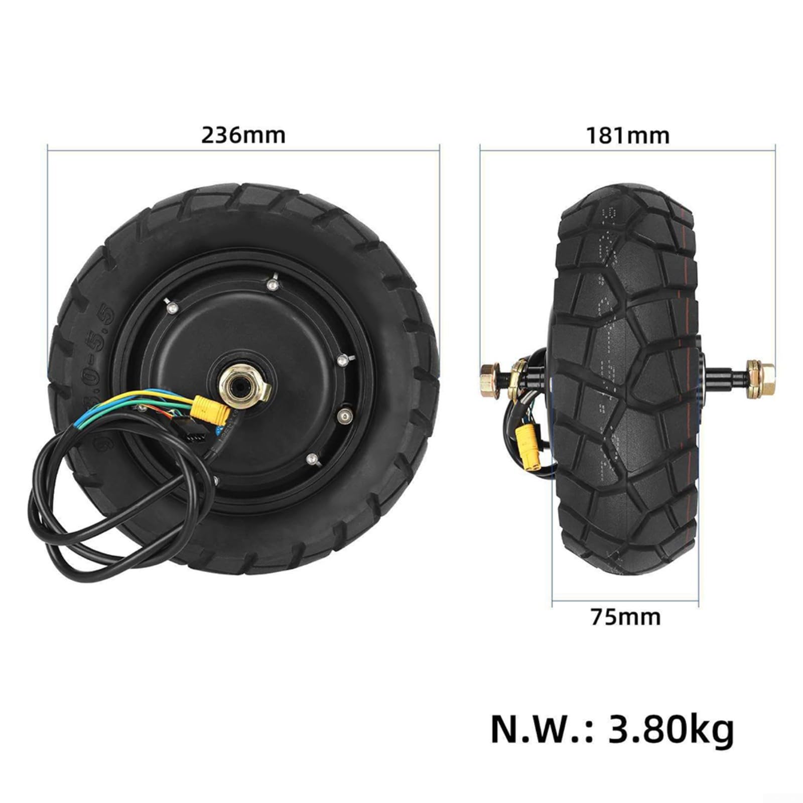 Roue de moteur 600 W 48 V pour scooter électrique Kukirin G2 Pro DB 9X30-55 avec bande de roulement irrégulière résistante à l'usure en métal et caoutchouc moyeu arrière de rechange