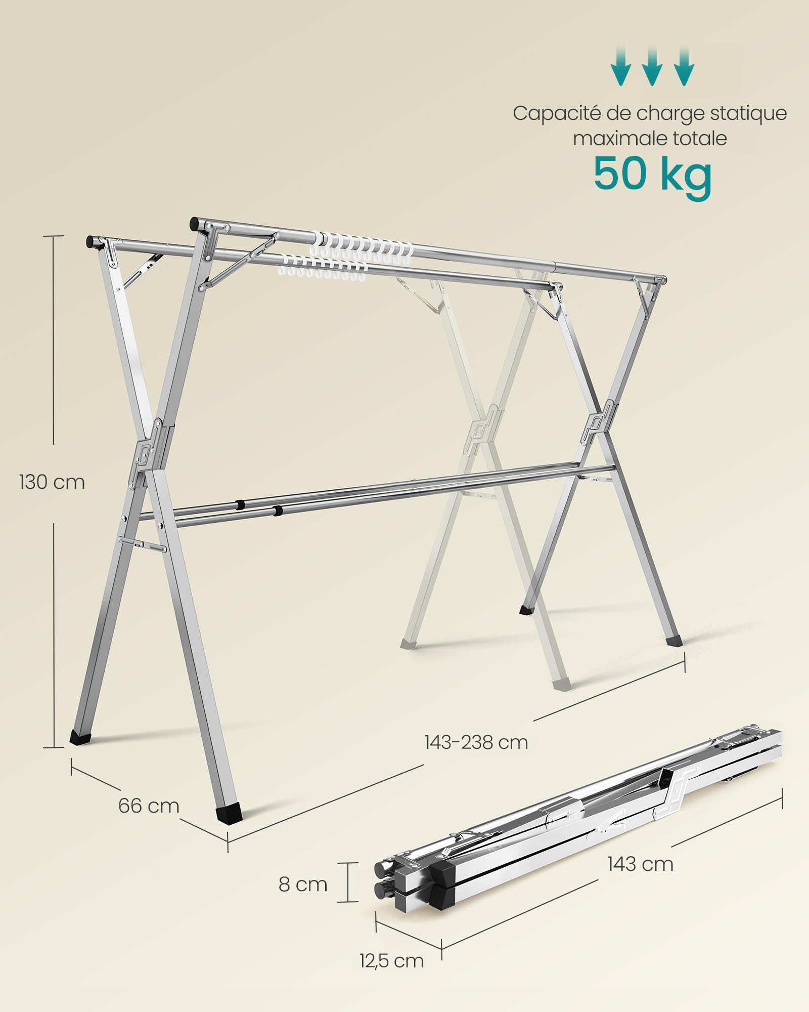 SONGMICS Étendoir à Linge Pliable, Séchoir à Linge sur Pied, Robuste, en Acier Inoxydable, pour Intérieur et Extérieur, Gris Tourterelle, Extensible de 143 à 238 cm LLR903E01
