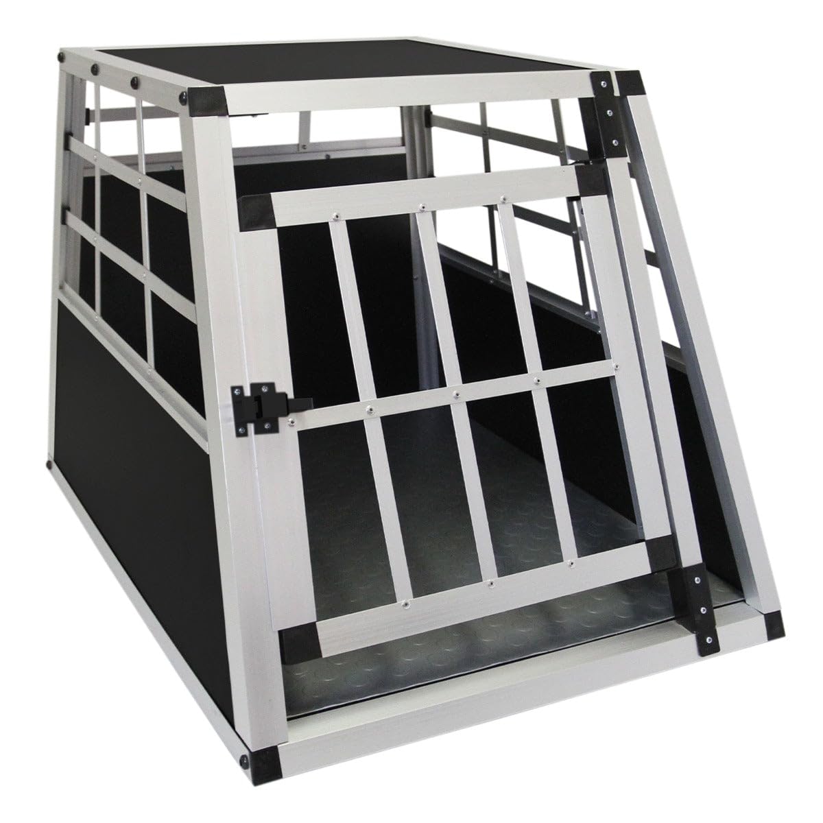 Jaula de Transporte para Coche Mascotas Caja de Viaje de Aluminio Trapezoidal Transportador de Perros Gatos Cachorros 1 Puerta 50 x 54 x 69cm | INCLUÍDA Alfombra de Plástico Lavable
