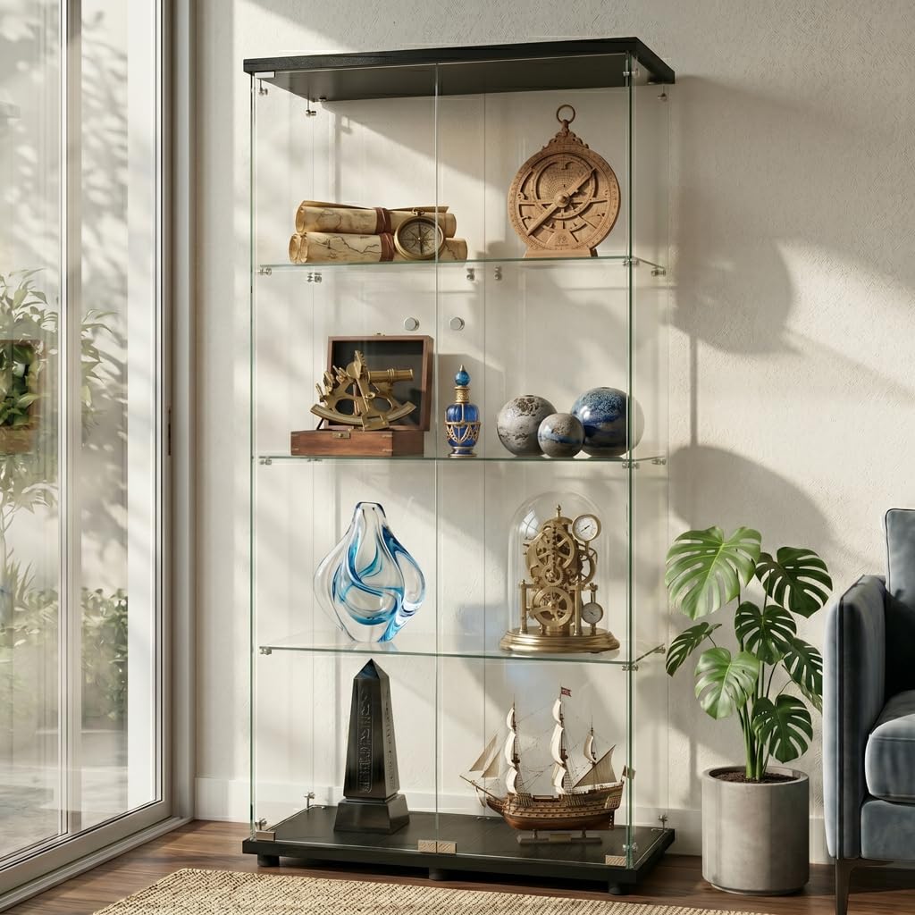 Vitrina de Cristal de 2 Puerta, 4 Niveles con Cerradura, Armario de Almacenamiento con Espejo, para coleccionables, Juguetes (B1-Negro-sin luz)