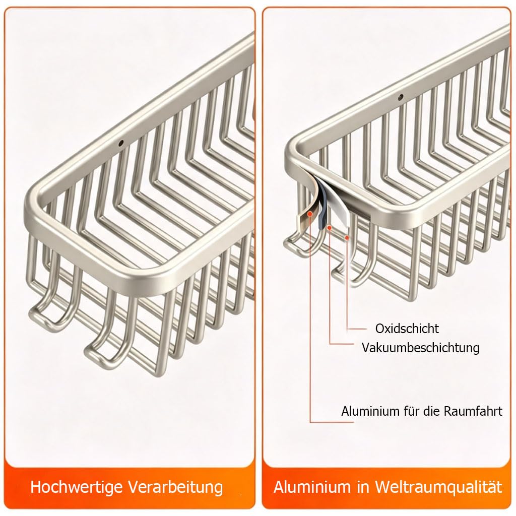 Duschablage Ohne Bohren, Wandkorb Wandregal Bohrfreie, Multifunktionale Badezimmer Organizer mit Haken, Platzsparende Ablage Bad für Badezimmer,B45cm