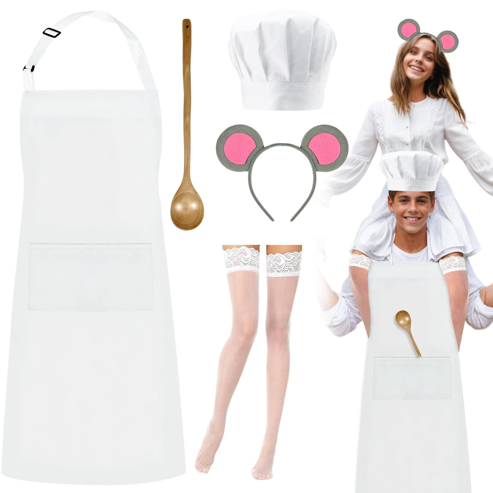 BOUTICOL 5 Pcs Halloween Mouse Costume for Man and Woman with Adjustable Apron Chef Hat Wood Spoon Mouse Headband and Silk Stockings