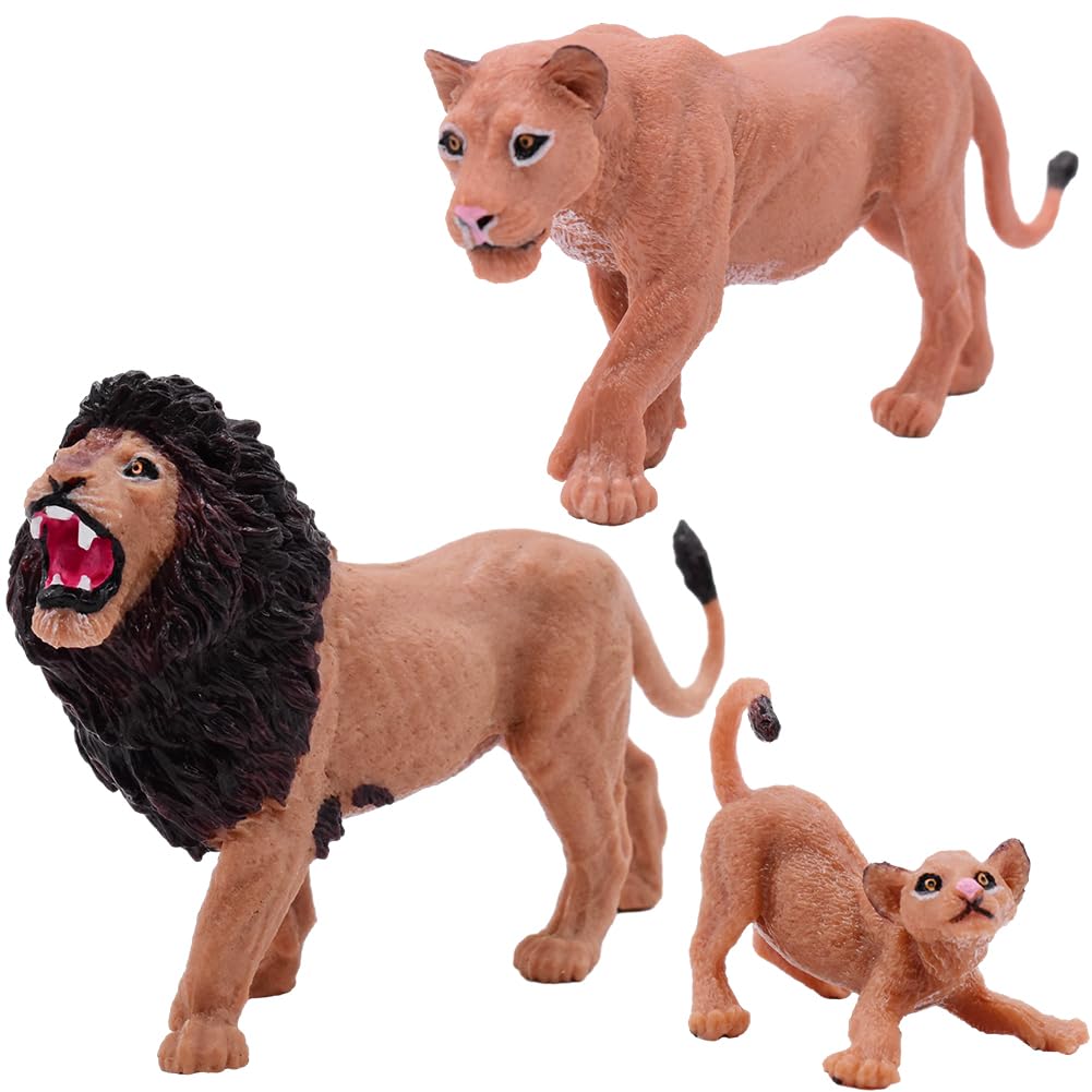 Ksopsdey Lion Mini Figure Set，Lion Toys,3 Pcs Realistic Wild Jungle Animals Figurines, Lion Animal Figurines Theme Party Birthday Cupcake Topper for Fans and Child