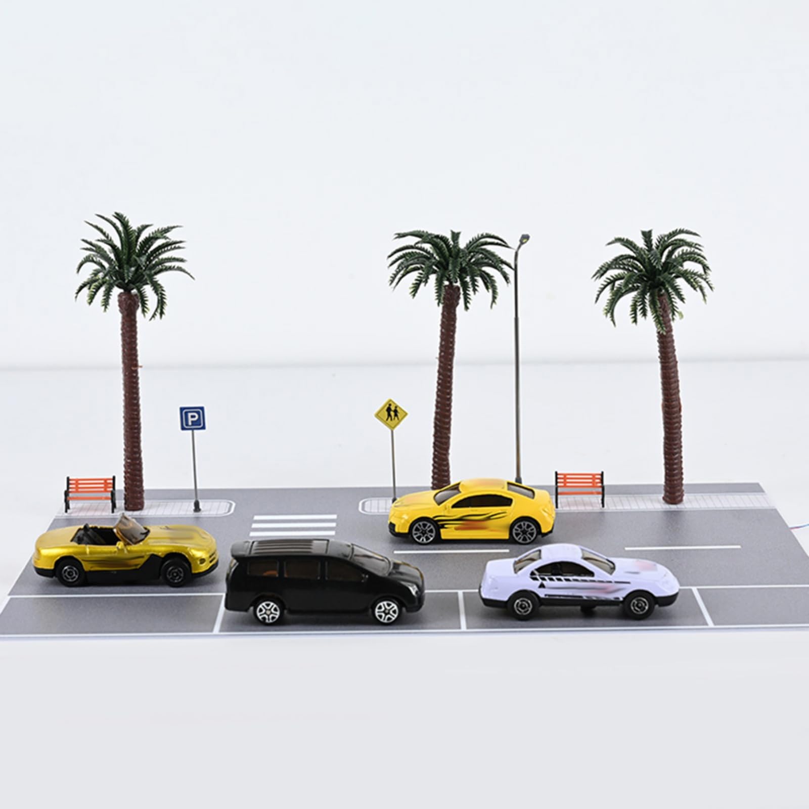 1:64 Scale Road Set and Landscape Accessory - City Road Scene with Coconut Tree, LED Lighting Support, Urban Diorama for Model Enthusiasts