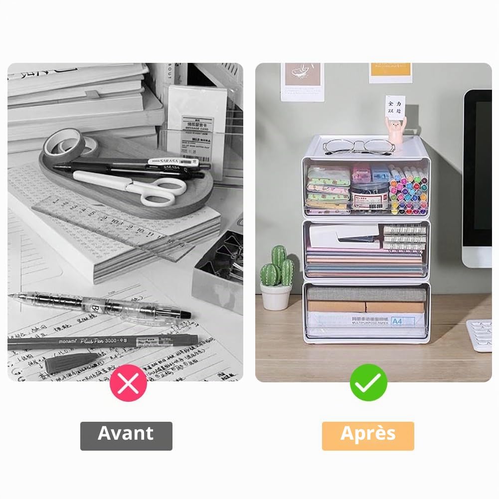 Lot de 2 boîtes de rangement pour bureau format A4, organisateur de bureau en plastique avec tiroirs empilables, boîte de rangement avec tiroir pour fournitures de bureau et autres