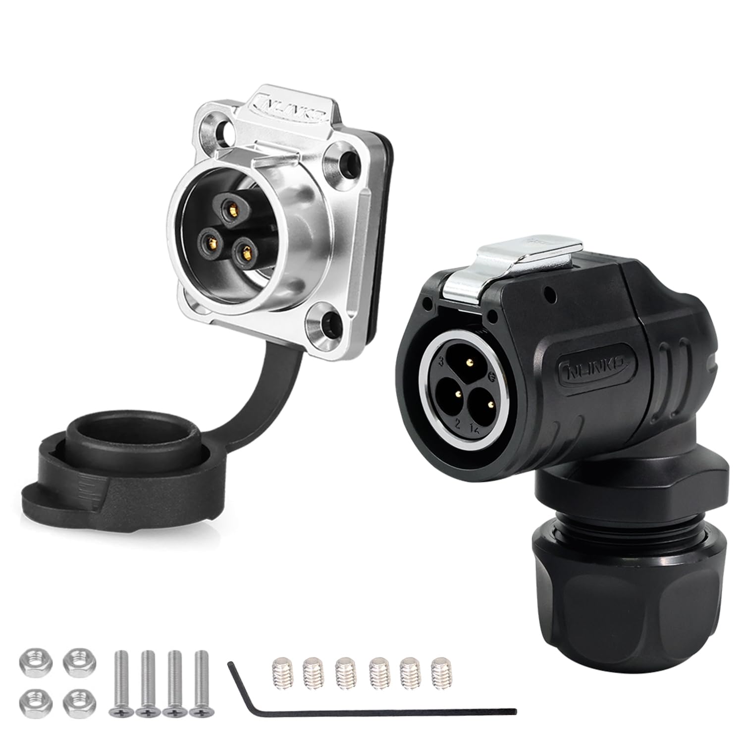 CNLINKO LP-16 3 Pin Right Angle IP68 Waterproof Connector Screw-Assembly Circular Aviation Plug and Flange Panel Mount Socket Kit for Industrial Outdoor Equipment