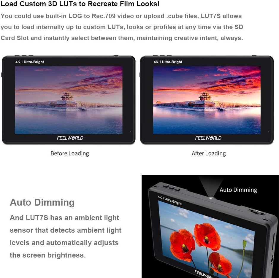 Black Friday - 60% OFF Feelworld LUT7S 7 Inch 2200nits 3D LUT Touch Screen DSLR Camera Field Monitor with Waveform VectorScope Histogram 3G-SDI 4K HDMI Input Output 1920X1200 IPS Panel