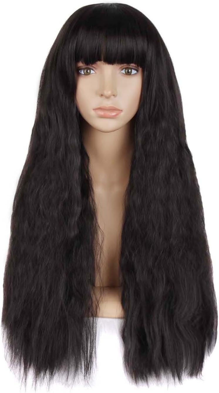 MapofBeauty 28 Inch/70 cm Charms Women Synthetic Long Fluffy Corn Curly Flat Bangs Wig (Brownish Black)