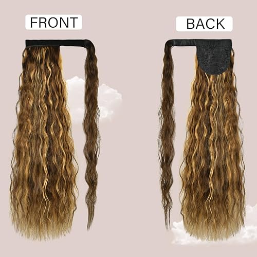 Miniatura 4 de Extensión de cola de caballo de onda de maíz envolvente de 26 pulgadas de largo, rizada, ondulada, extensión de cola de caballo sintética de negro a