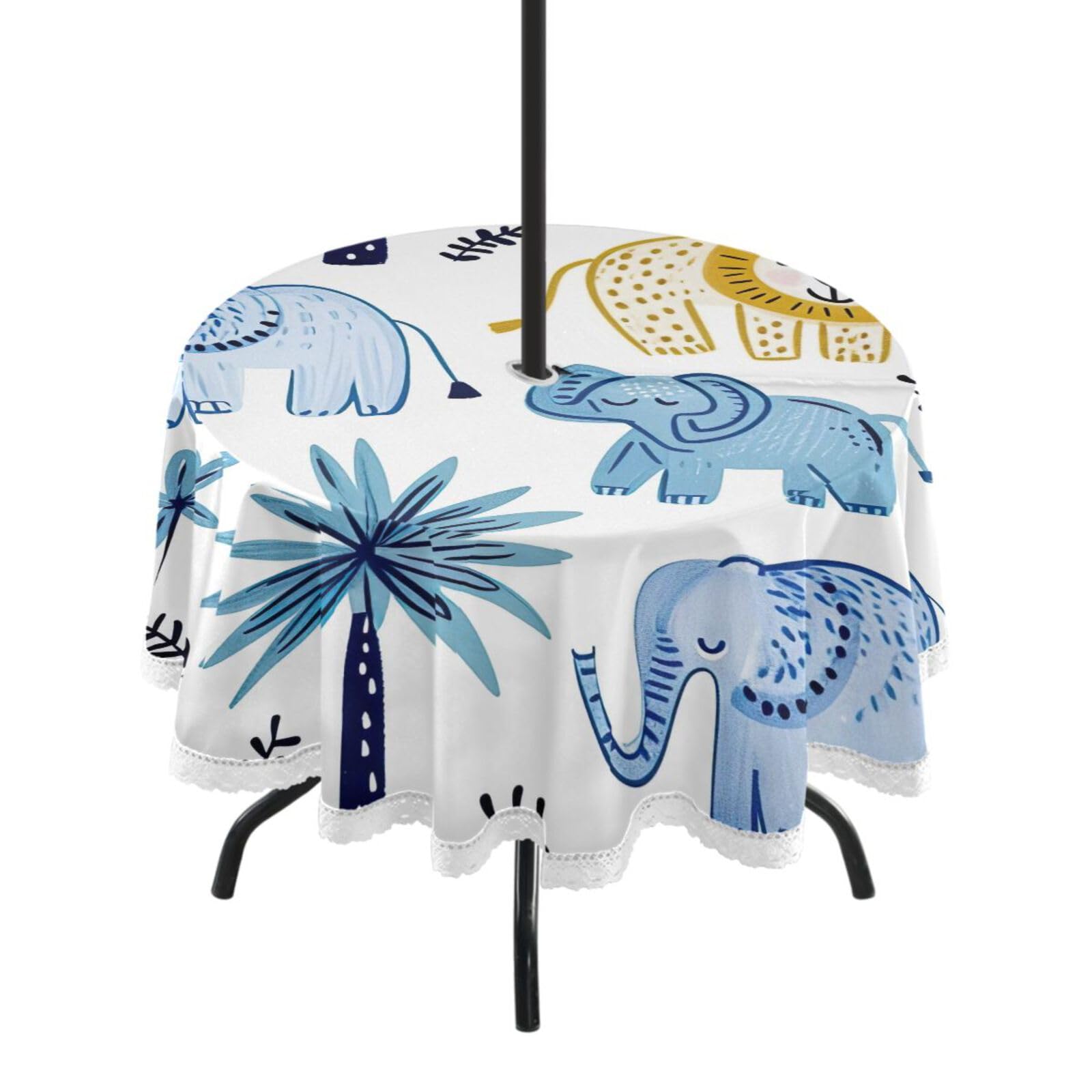 Wajiw 60 Inch Indoor Outdoor Round Tablecloth with Umbrella Hole and Zipper Waterproof Patio Table Cover for Camping Dining Room Party Outdoor Picnic,Cute Animals