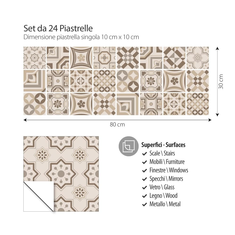 RE-COVERTILES - Adesivi per Piastrelle Bagno e Cucina 24 Pz 10x10 cm - PS00151 Decorazione murale in PVC impermeabile mattonelle mosaico stile cementine Azulejos