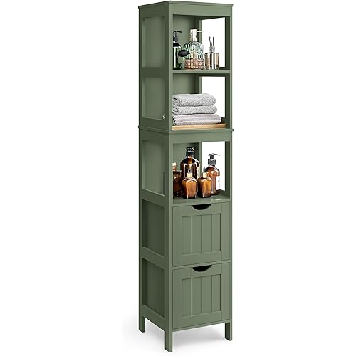 VASAGLE Storage Cabinet, Storage Organizer Rack Stand for Bathroom, Living Room, Bedroom, Multifunctional Corner Unit, 2 Drawers, 55.7 Inches in Height, Forest Green UBBC066C01