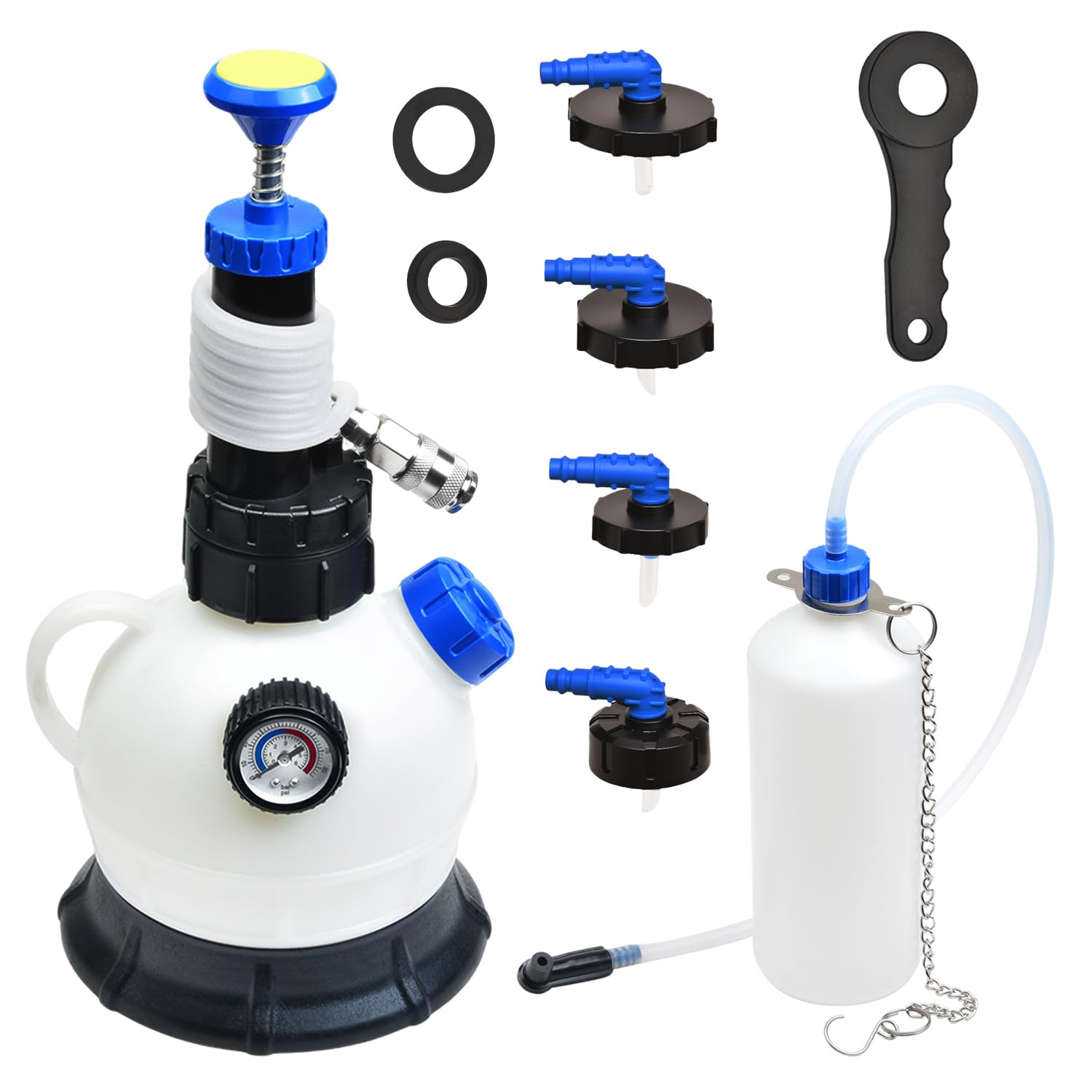 Zestaw do odpowietrzania hamulców 2 l + 1 l z 4 adapterami cylindra głównego, niskoprofilowe kolano 90° do ciasnych wnęk silnika, ręczna pompa do odpowietrzania płynu hamulcowego i narzędzie