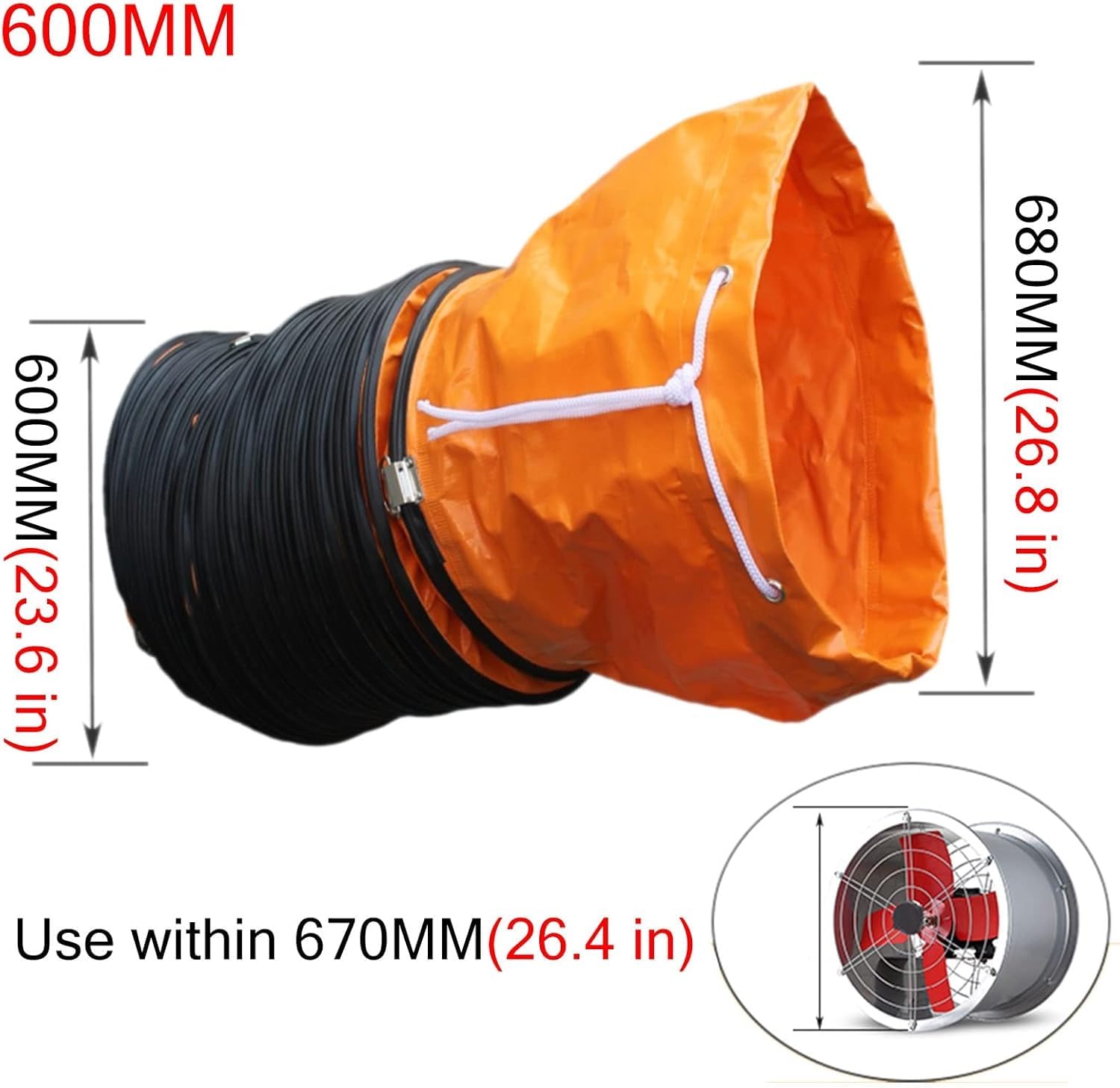 Manguera para conductos, Manguera Flexible de PVC de 2 m (6,5 pies) - Tubo de ventilación de 76 a 15 cm (30 a 6 Pulgadas) para extractores de Garaje, 600 mm de diámetro, conducto Naranja dur