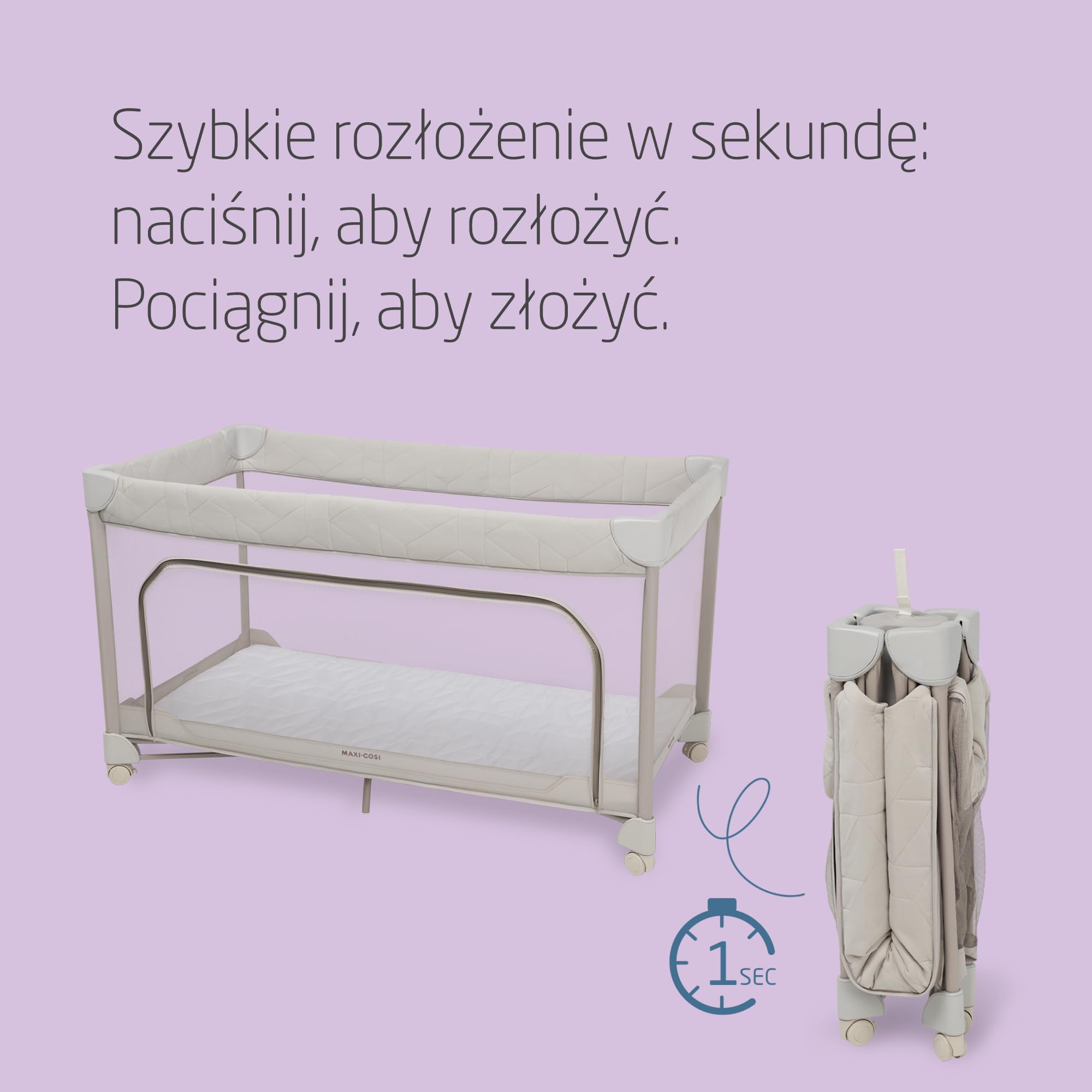 Maxi-Cosi Merlin, Łóżeczko Turystyczne & Plac Zabaw 2 w 1, 0–4 lat, do 18 kg, Łóżeczko Podróżne, Składa Się w 1 Sekundę, Materac CloudCore 120x60 cm, Boczne Wejście, 4 Kółka, Elegance Beige