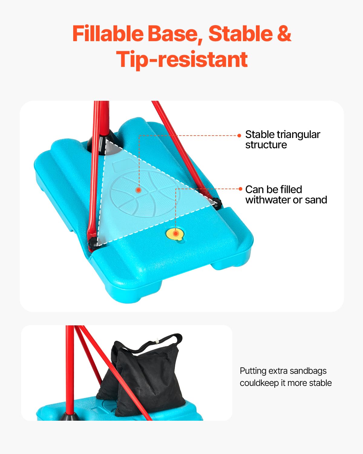 VEVOR Panier Basket Enfants Hauteur Réglable 190 Cm - Base Remplissable, Ballons Et Pompe Inclus - Intérieur Extérieur
