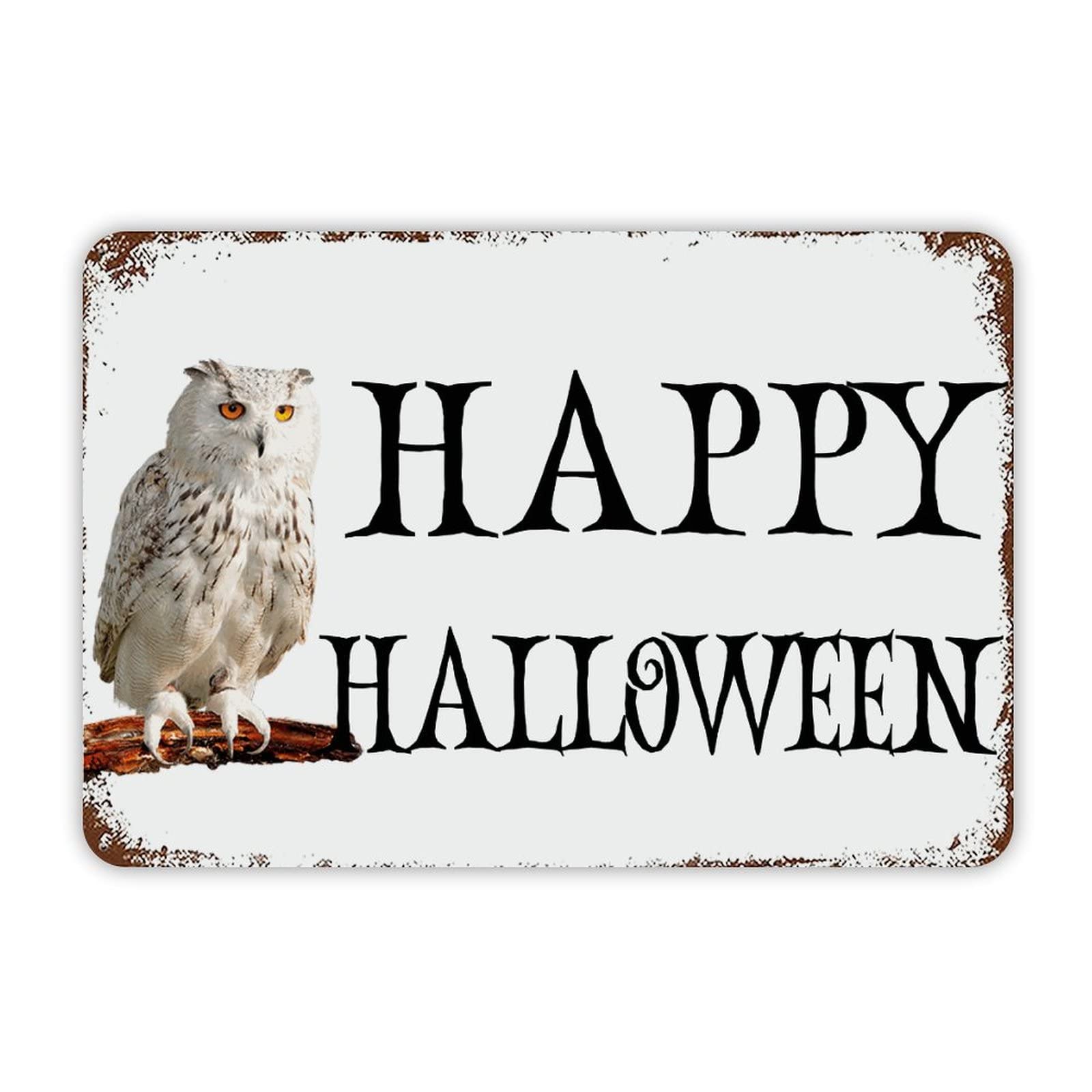 ENEDNATE Happy Halloween Owl Aluminum Tin Sign 8x12 Inch Waterproof Vintage Metal Sign for School Office Classroom Gate Garage Garden Home Wall Decoration Housewarming Gifts