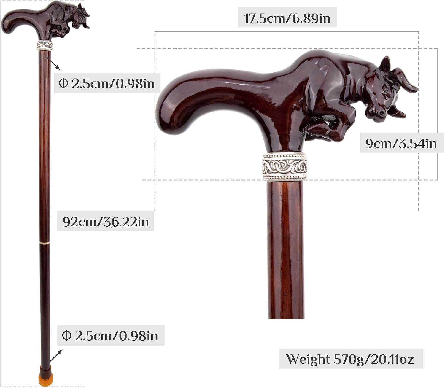 Brown Cow Bullfight Wooden Fashion Walking Stick Decorative Cospaly Cane Halloween Wood Mace Crutch Wand Crosier 92cm