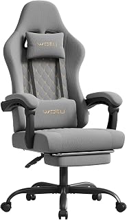 WOLTU Silla Gaming Ergonómica, Silla Oficina con Soporte Lumbar Masaje y Reposapiés Extraible, Silla Giratoria con Gran Asiento de Muelle, Capacidad de 150 kg, Tela de Malla, Gris+Amarillo