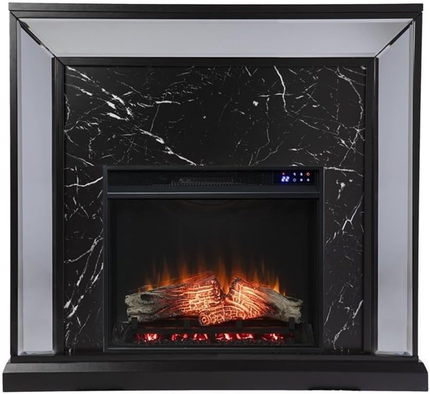 Pemberly Row Mirrored Touch Screen Wood Fireplace in Black/Silver