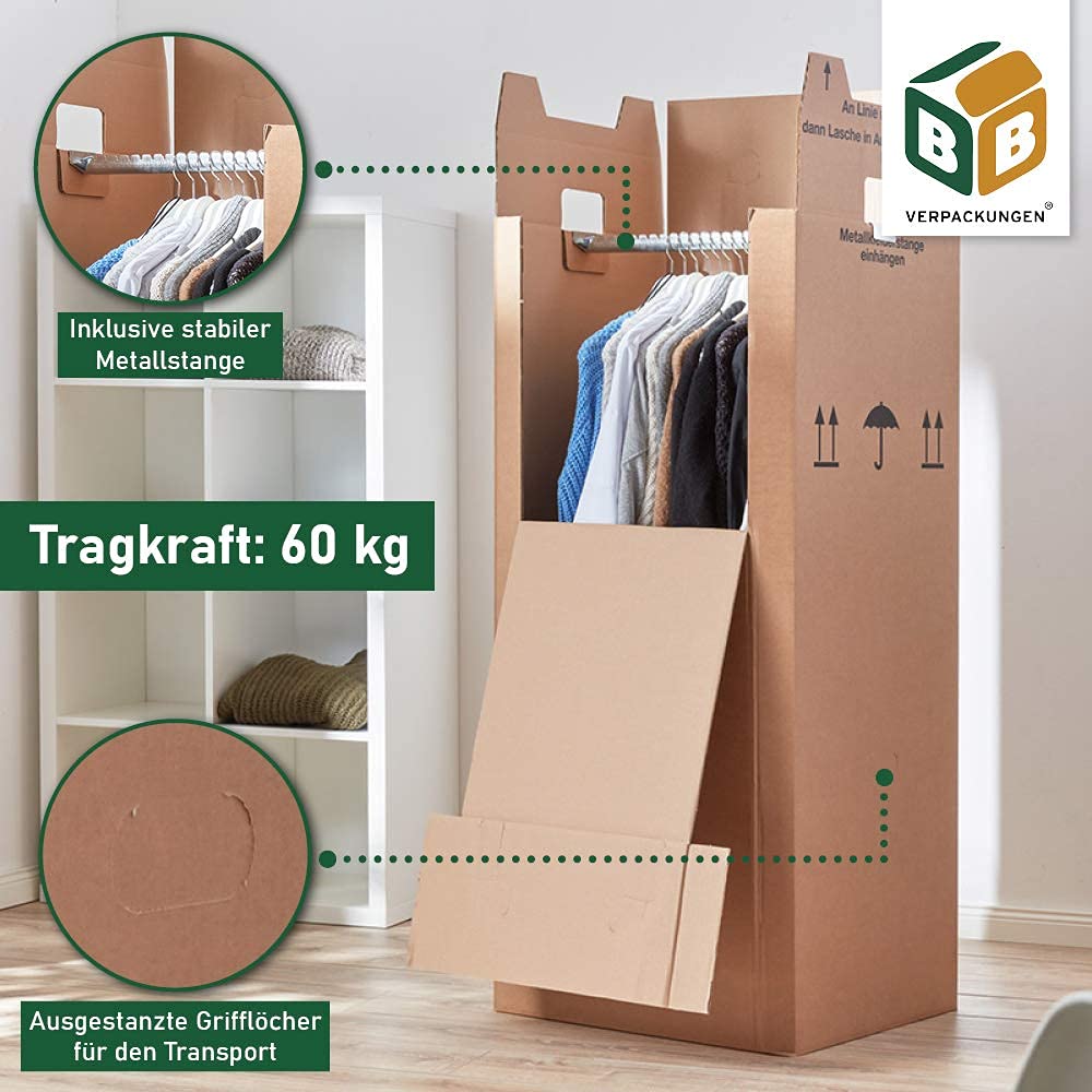 BB-Verpackungen 6 x carton à vêtements 600 x 510 x 1350 mm (cannelure double, tringle à vêtements métallique stable comprise) - Sets entre 1 et 12 unités