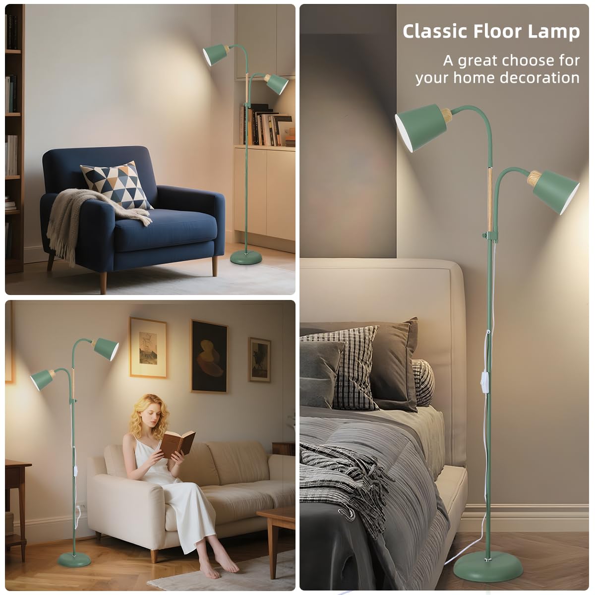 ANTENLICHT Lampada da terra YOYO con luce lettura | E27 max 60W | 2 teste orientabili 360° | Design vintage moderna in metallo per soggiorno | Altezza 159cm verde, senza lampadina