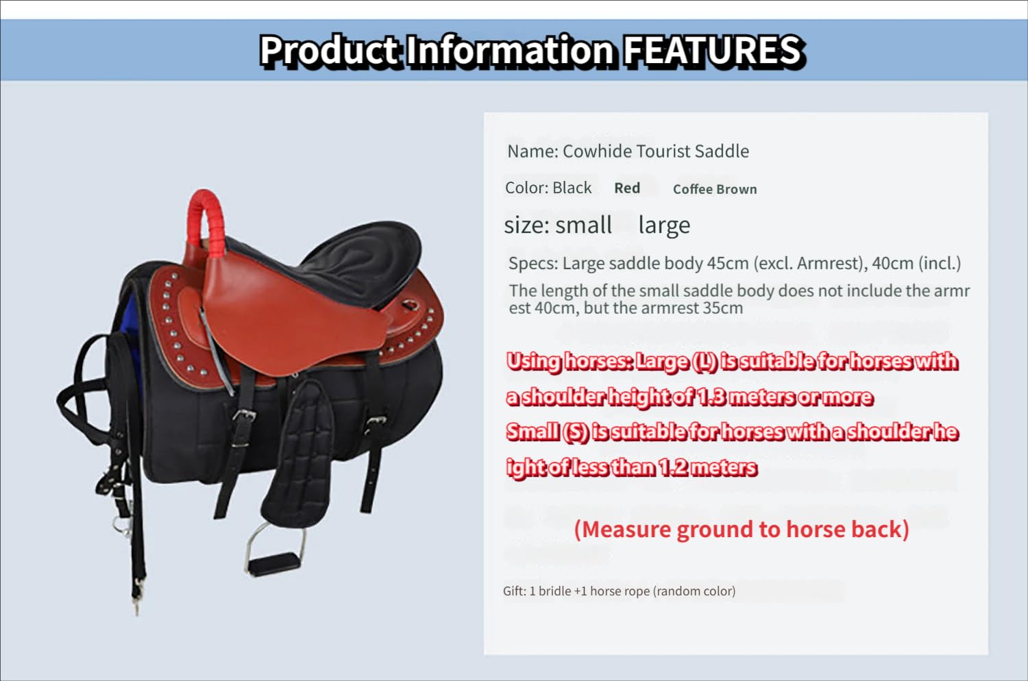 NILoykg& Sella di Cavallo turistico in Pelle Set Completo, Sella di Equitazione Durevole con Assorbimento degli Urti e Design Antiscivolo, Kit Completo di tack,Marrone,L