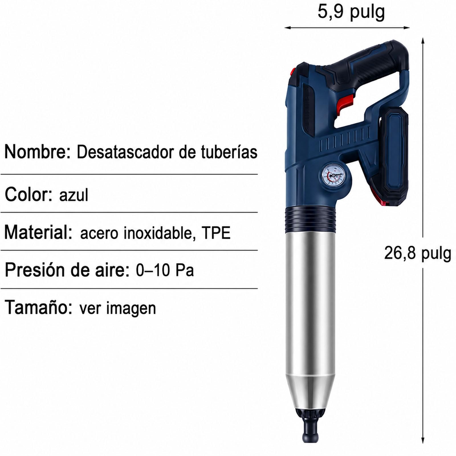 Pistola de émbolo de inodoro de mano, equipo de dragado de tuberías de 10 bar con juego de herramientas, limpiador de tuberías inalámbrico de alta presión con 2 baterías, para inodoro, fregadero