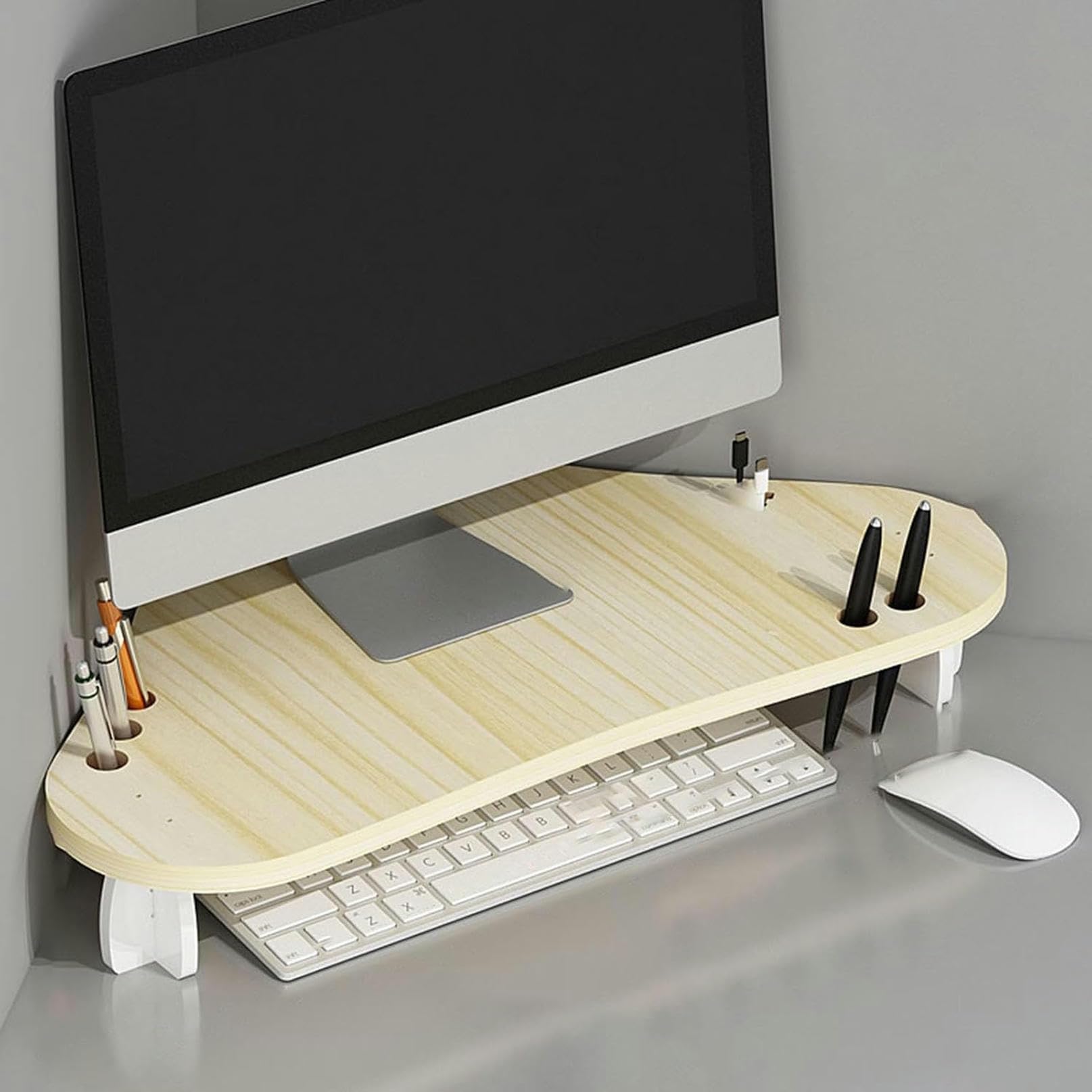 CGJseFH computer stand, Corner Monitor Stand with Pen Holder, Ergonomic Triangle Computer Screen Riser, Space Saving Office Desktop Organizer Shelf for Laptop/Printer,White(Maple)