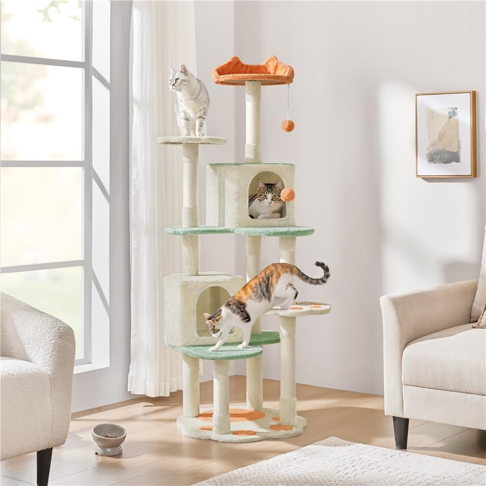 Yaheetech Albero Tiragraffi per Gatti 165 cm Cuccia per Gatto 2 Pompon, Piattaforma di riposo, Trespolo, Posatoio, Giocattoli Beige e Verde