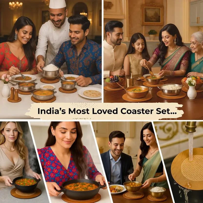 Image of Round Wooden Trivet Set of 4 (20cm) | Heat Resistant Hot Pot Stand | Bamboo Table Mats with Engraved Design | Anti-Slip Dining Table Protector | Wooden Coaster for Kitchen & Cookware