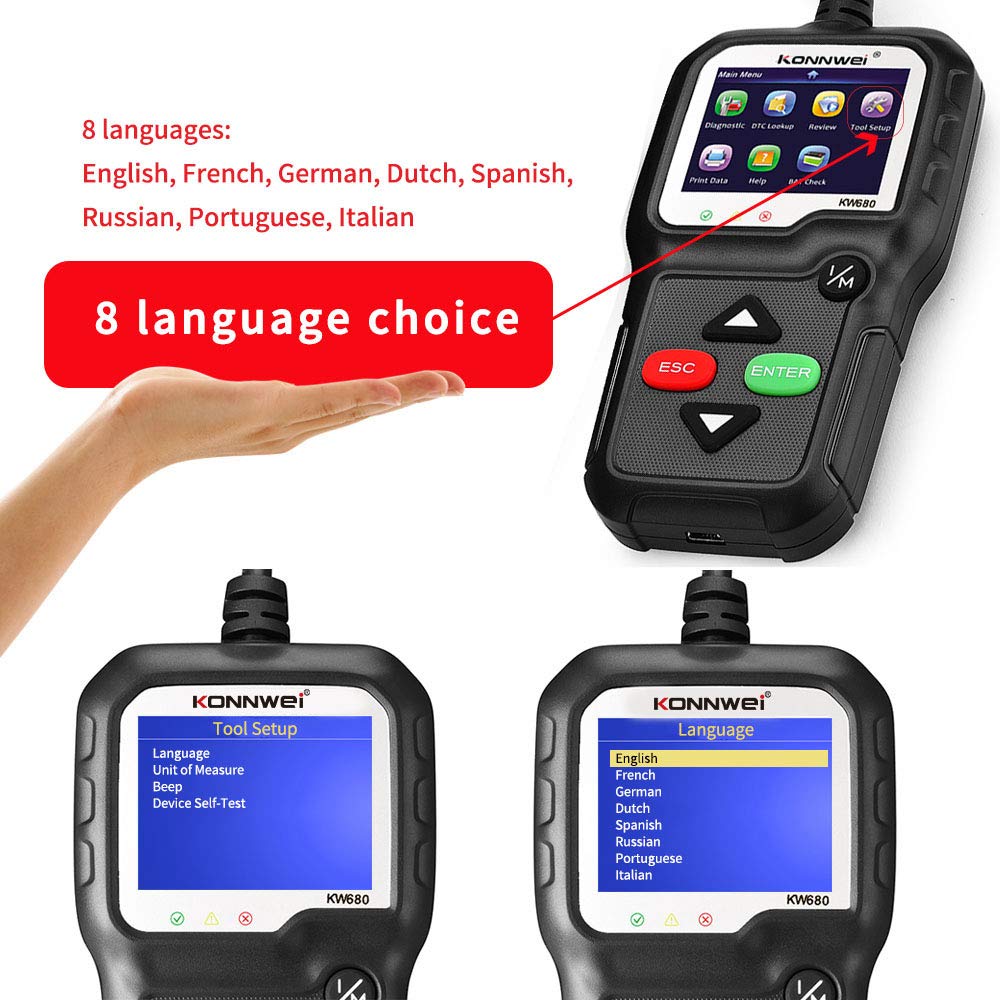 KONNWEI KW680 Diagnosis OBD2, Diagnostico Coche Multimarca apoya español,Lector de Códigos de Error, Diagnóstico Completo del Motor, Compatible con BMW/Peugeot/VW y Todos los Vehículos OBDII