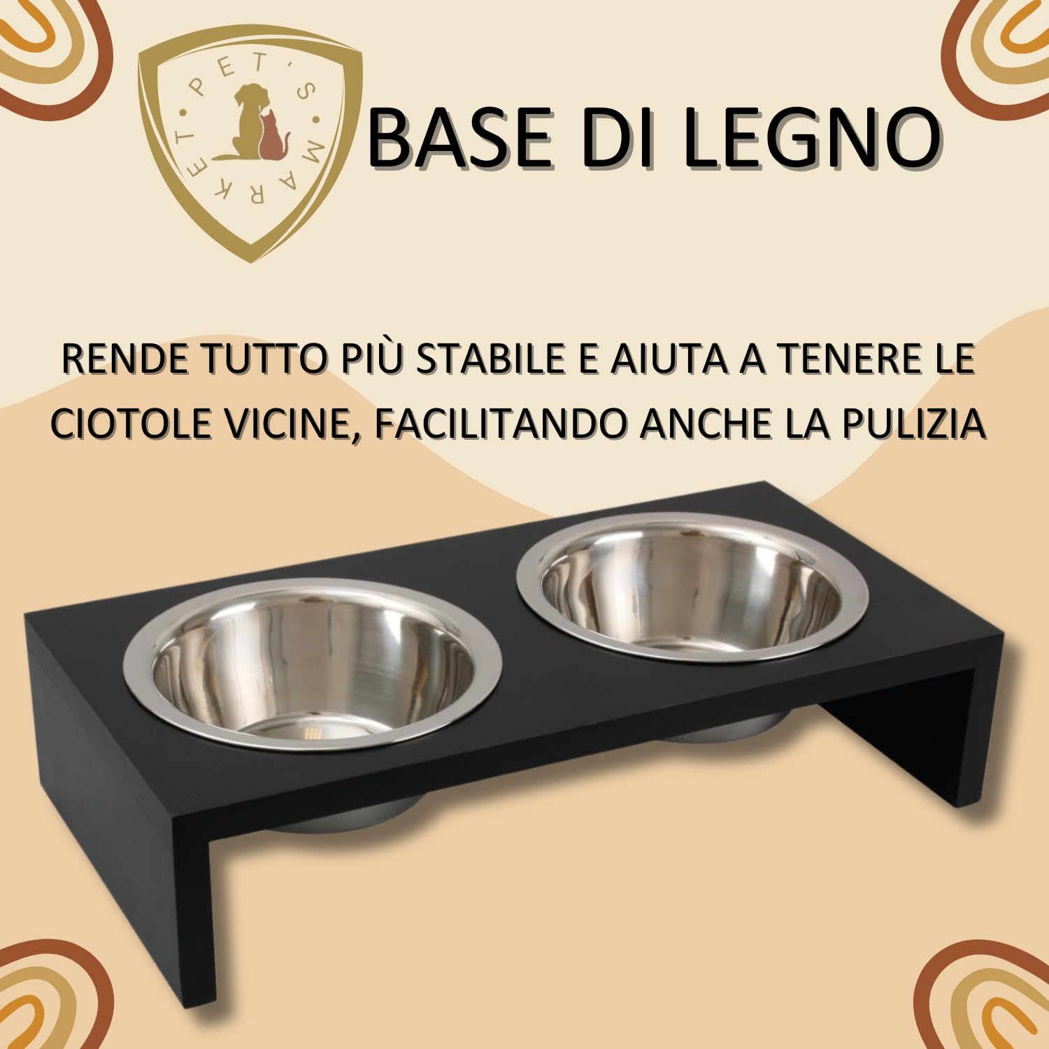 Pet's Market Ciotola Cane Gatto Doppia per la Pappa con Supporto in Legno in Diverse Dimensioni e Colori 2x220 ml 2x380 ml 2x650 ml (2x650 ml Nero)