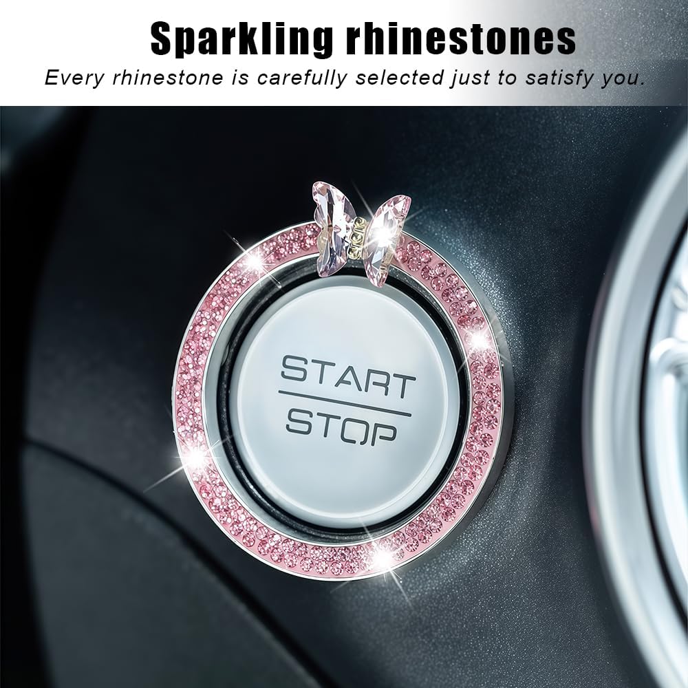 Car Bling Push Start Button Cover, Sparkling Crystal Engine Start Button Decal Cover, Girly Car Interior Accessories for Women (Pink Butterfly)