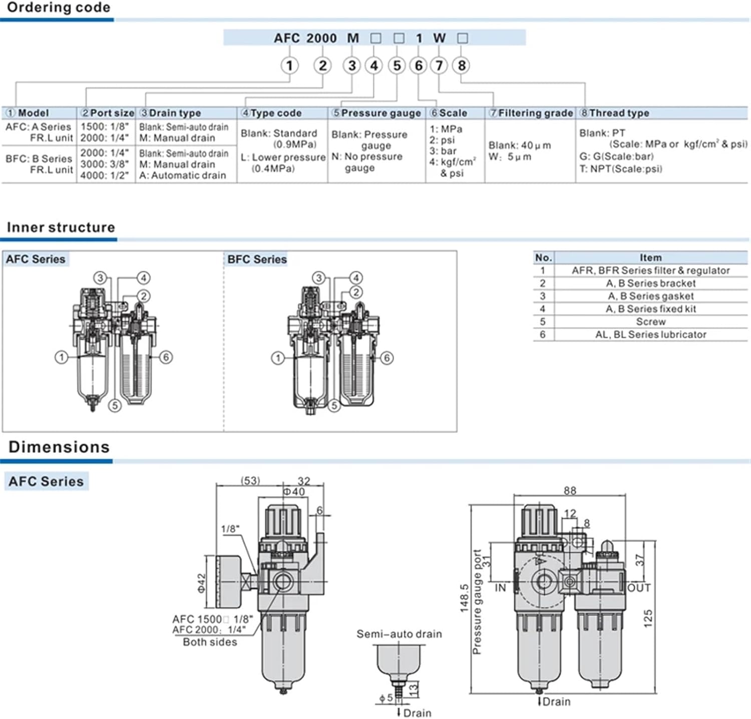 1 pcs AFC2000 1/4" Port FRL Union Air Treatment Air Filter Regulator Combination AFC2000 Lubricator Combinations (Color : AFC2000 PC8-02)