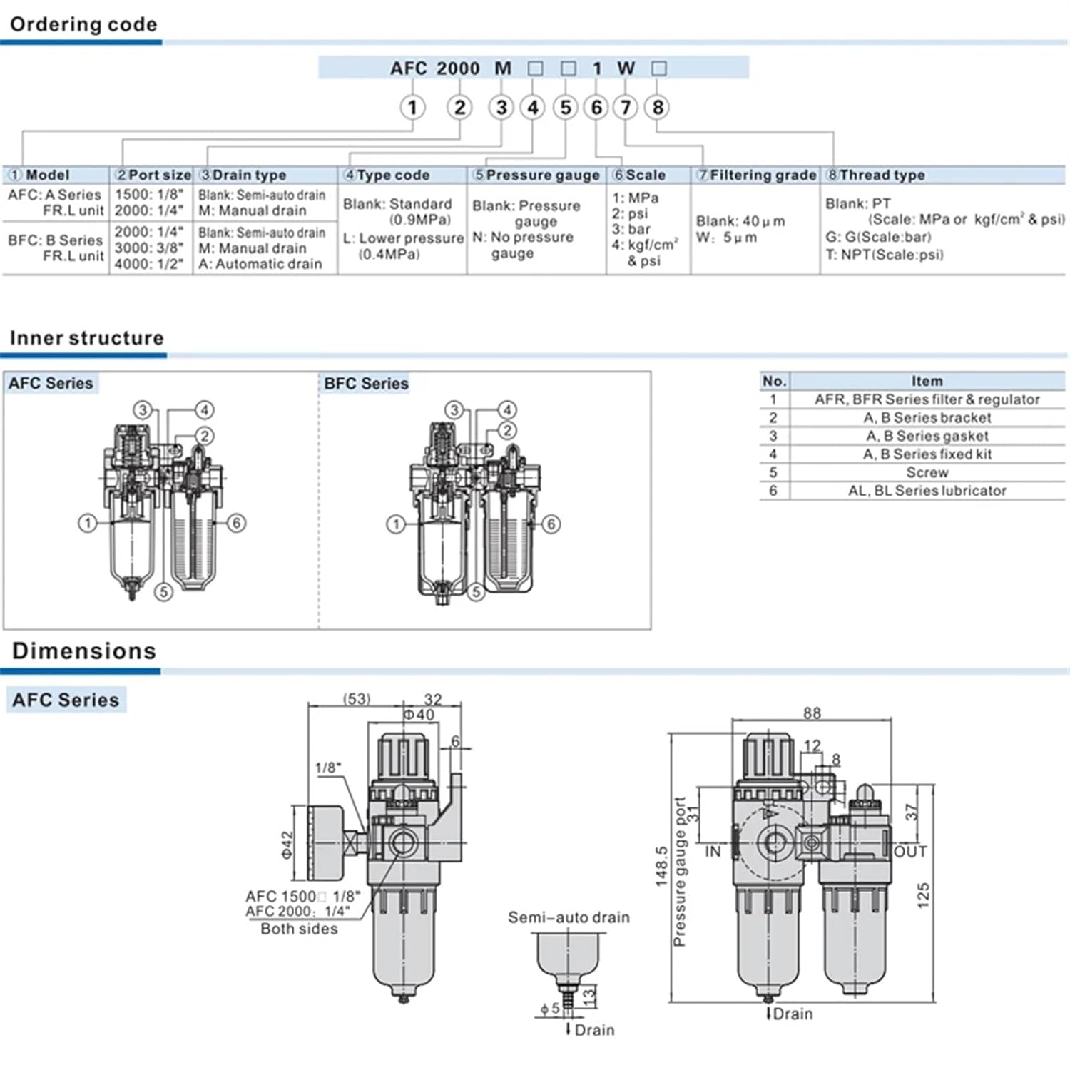 AFC2000 1/4"" Port FRL Union Air Treatment Compressor Filter Pressure Regulator Combination Lubricator Combinations Oil Separator (Color : AFC2000 SM20 PM20)