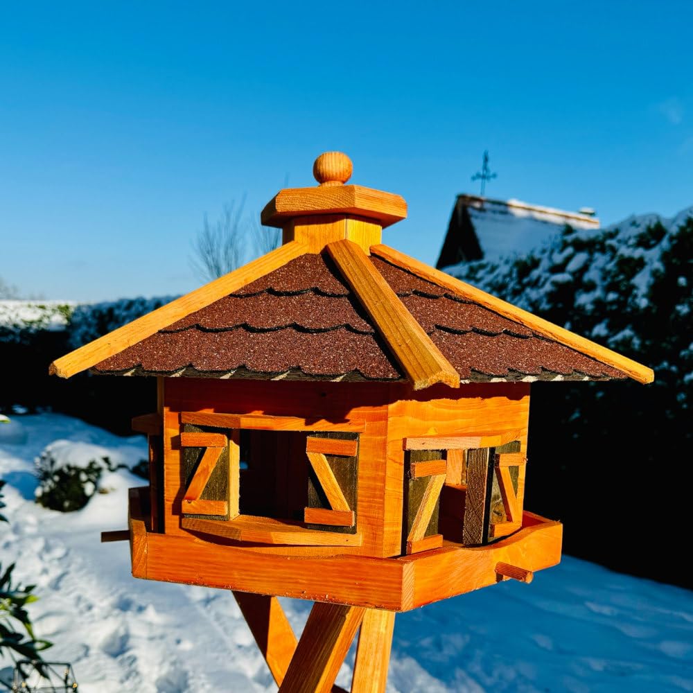 Casetta per uccelli esagonale realizzata a mano, in legno, resistente alle intemperie, XL, con e senza supporto, mangiatoia, mangiatoia, tetto in bitum (rosso, marrone, XL senza supporto)